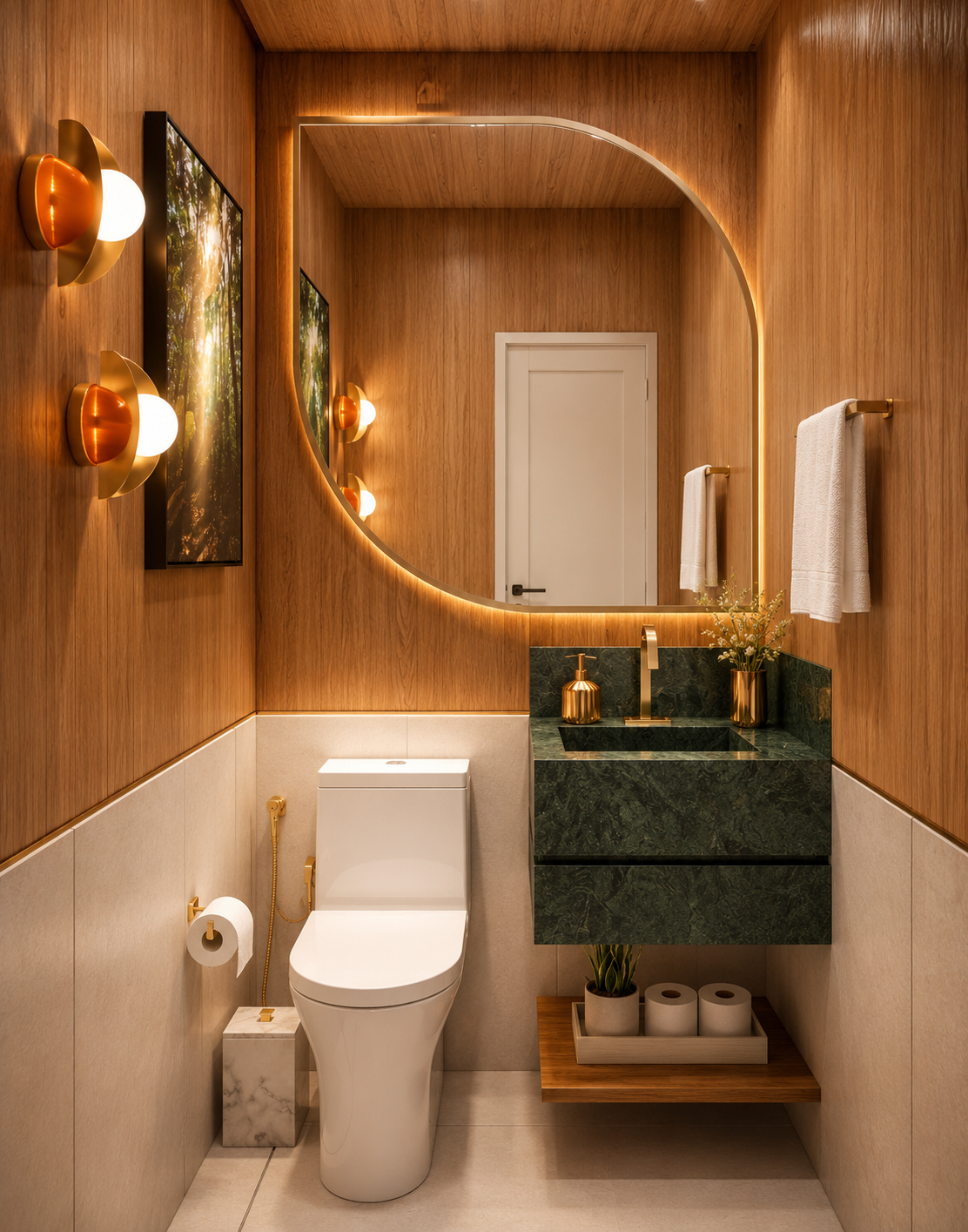 Lavabo cenográfico com amadeirado e bancada verde
