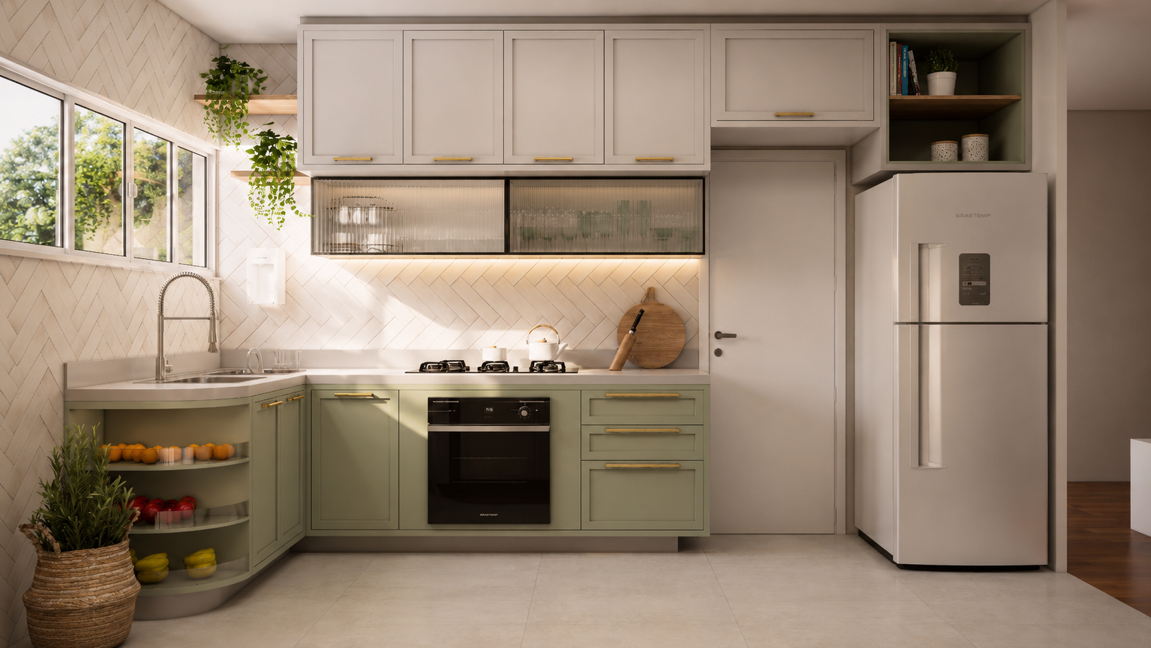Cozinha provençal contemporânea com verde e dourado