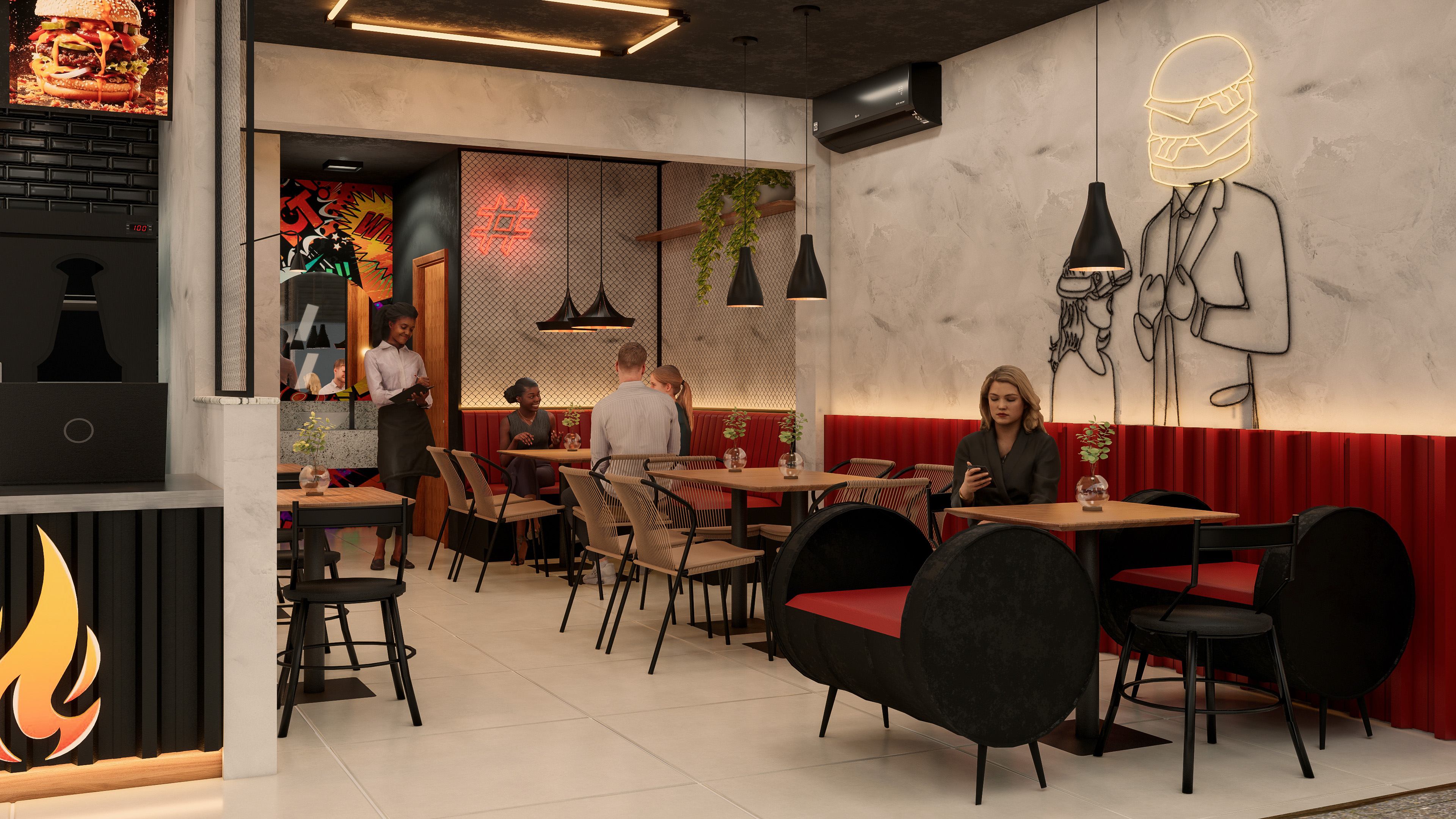 Brazato Burger — iluminação LED tubular no teto