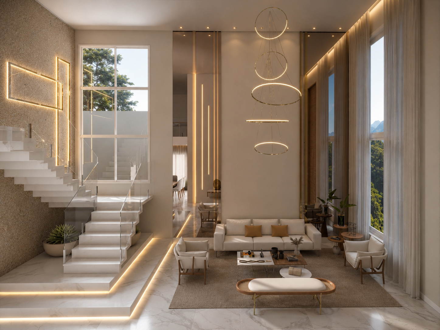 Sala imponente com pé-direito alto e espelhos bronze