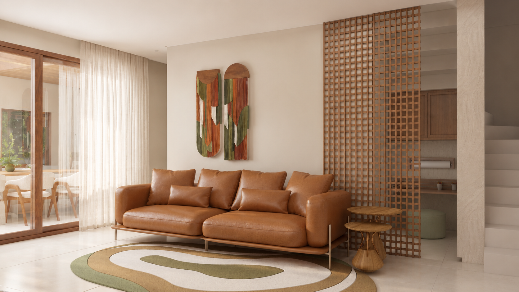 Sala com madeira, couro e macramê — praia chic