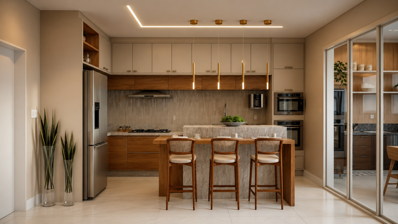 Cozinha clean e funcional com amplo armazenamento