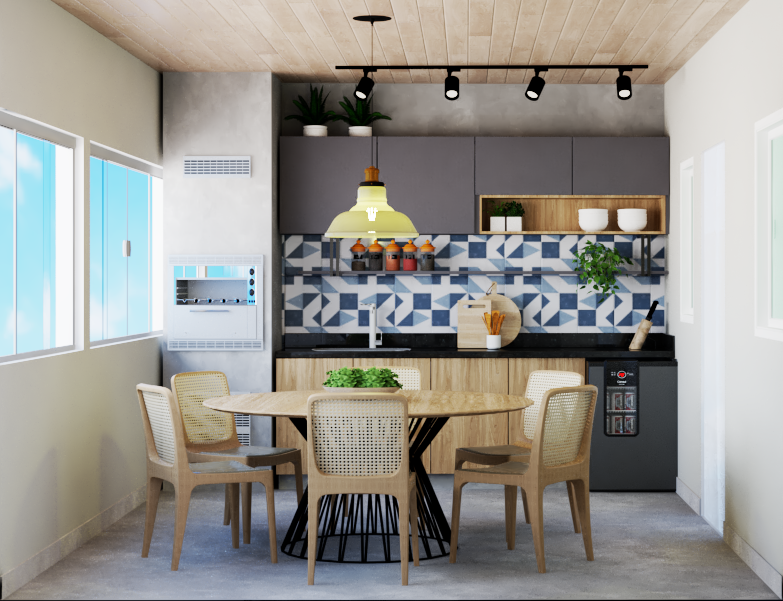 Área gourmet industrial com vidro e metal