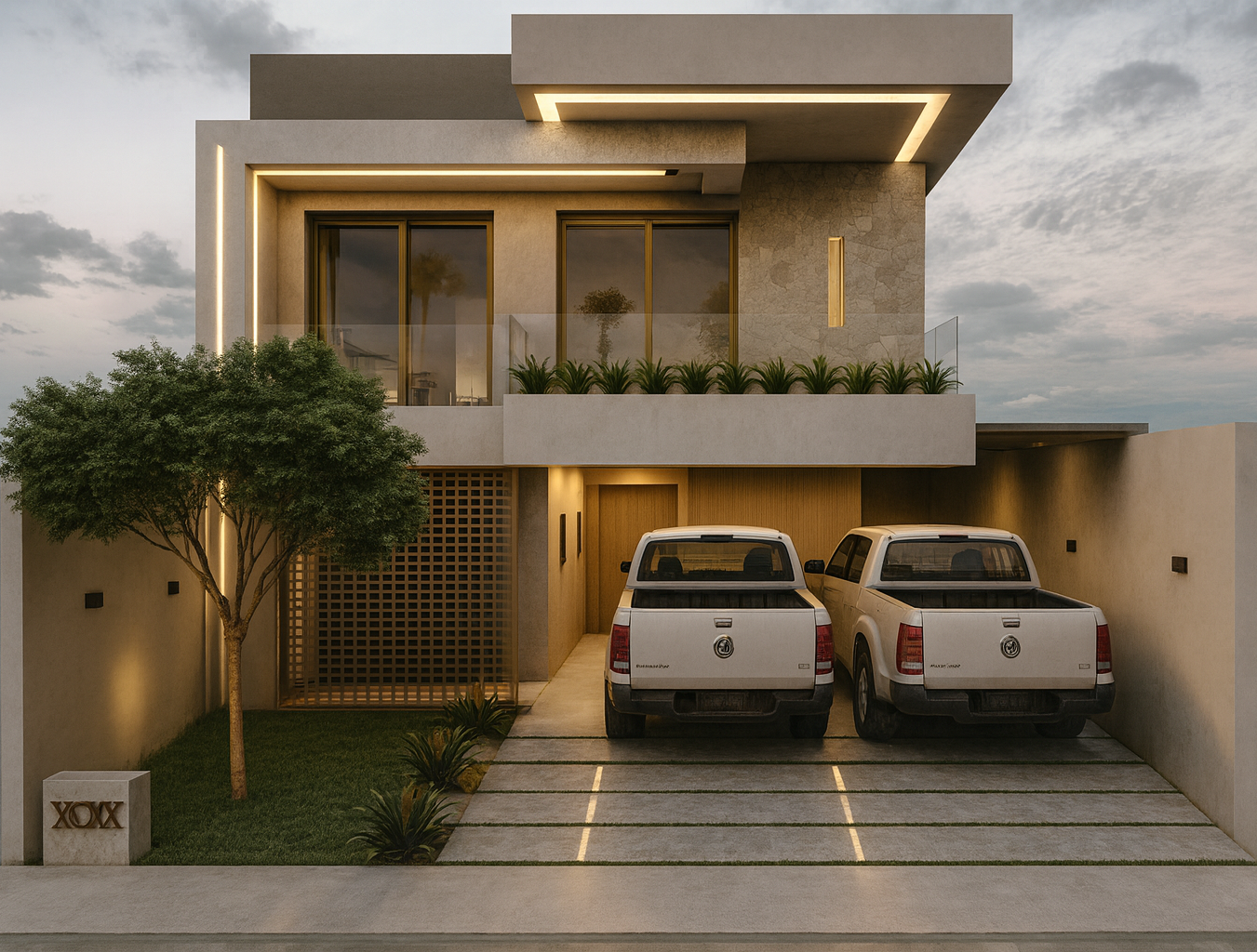 Fachada contemporânea atemporal com materiais naturais